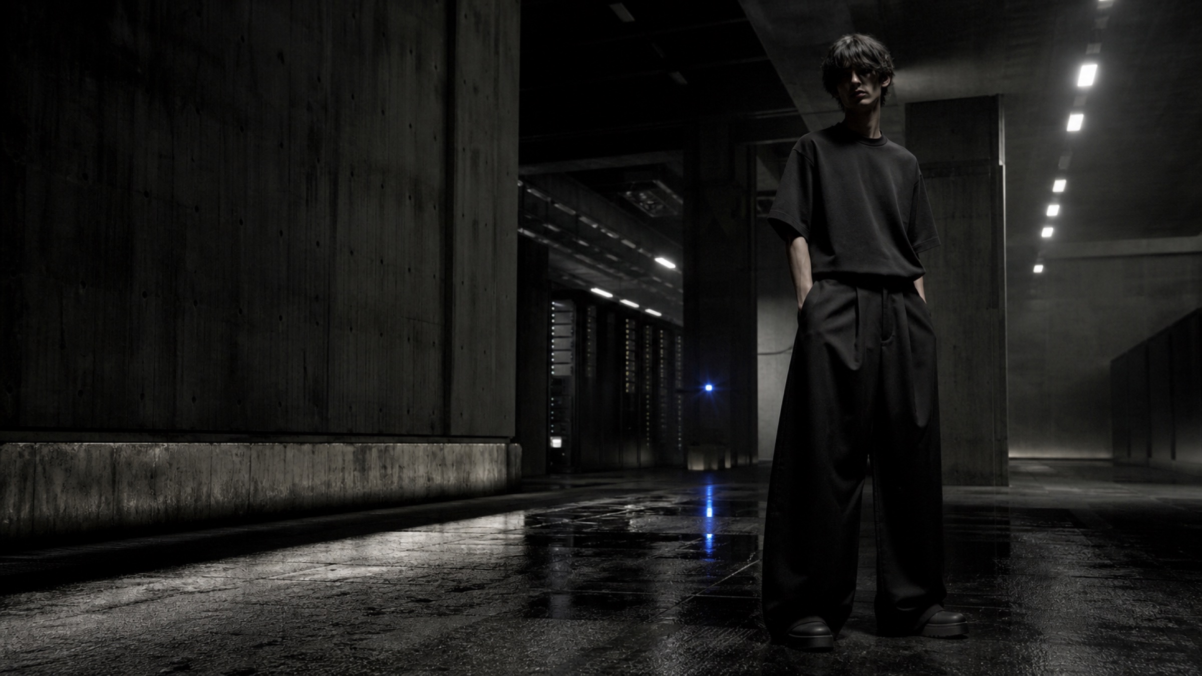 Model in oversized black streetwear standing inside a severe concrete data centre